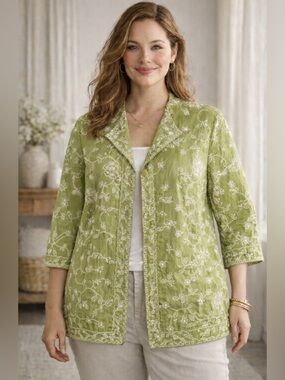 Coldwater Creek Lime Green Floral Embroidered Jacket Size 18 Cottagecore Spring